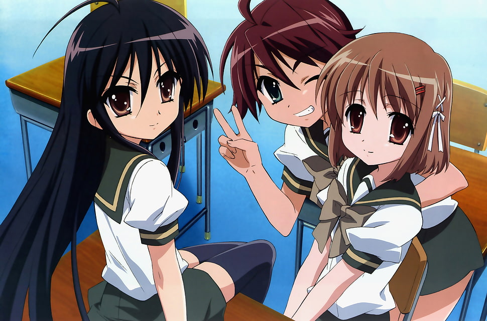three female anime character wearing uniforms poster HD wallpaper